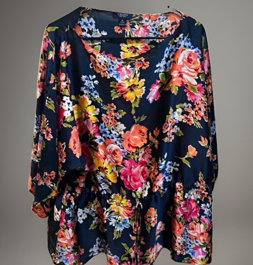 Chaps Navy Multicolor Floral V-Neck 3/4 Sleeve Pullover Woven Blouse 1X
